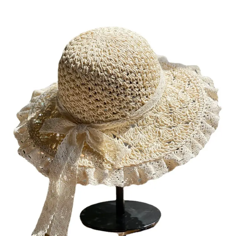 Chapeau de paille d'été en dentelle Casquette de fête de vacances Fun Women Girl Vacation Cap Woven hollow bow Big brim ribbon Sun hat