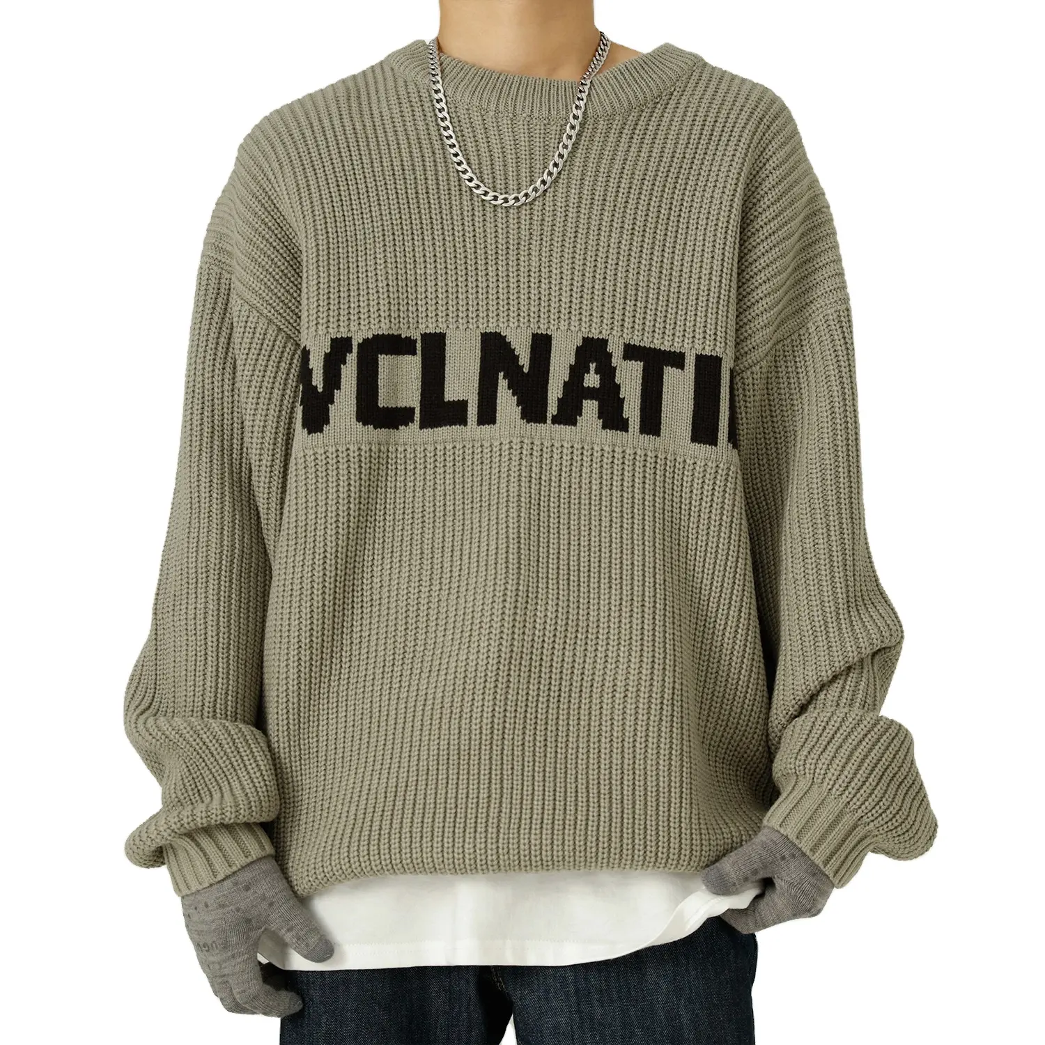 LOGO personalizzato OEM & ODM maglione da uomo Jacquard lettera pullover maglieria invernale girocollo ampio maglione lavorato a maglia oversize da uomo
