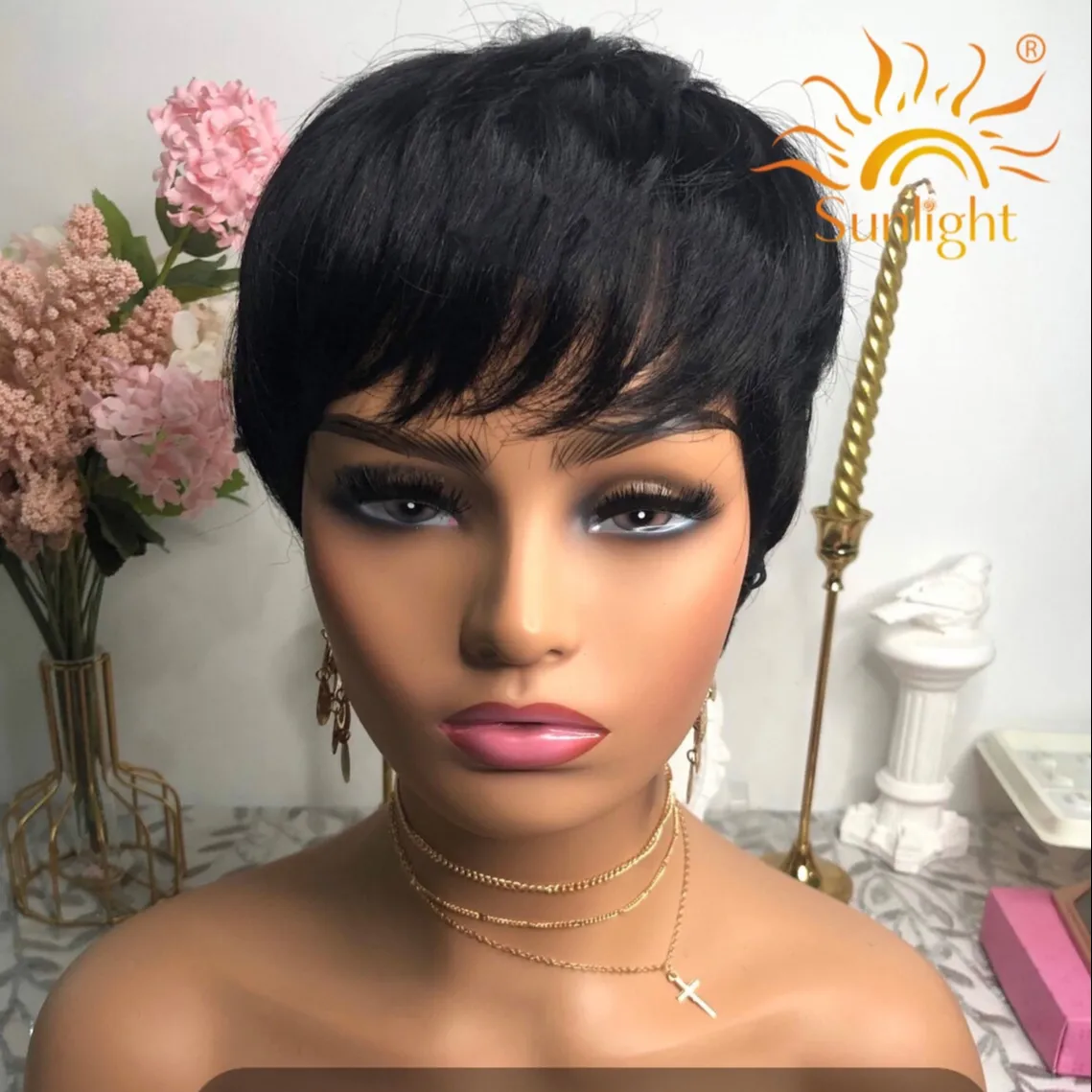 Ánh Sáng Mặt Trời Vendo Máy May Làm Quảng Châu Thẳng Made Pixie Belle Ngắn Weave Bob Perm Human Wig Không Có Ren