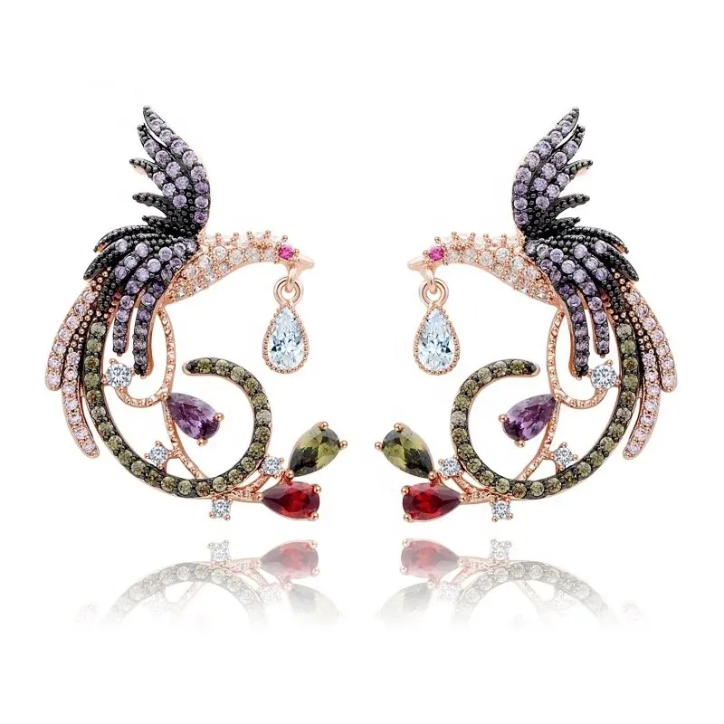 Phoenix colored bird stud earrings with AAA zircon brass earrings sterling silver jewelry