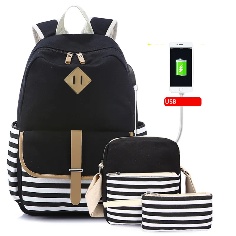 SB107 New Black Canvas Giải Trí Du Lịch Trường Học 3 Cái Ba Lô Bag Set Cô Gái Ăn Trưa Bag Trường Túi Trẻ Em Ba Lô Cho Cô Gái