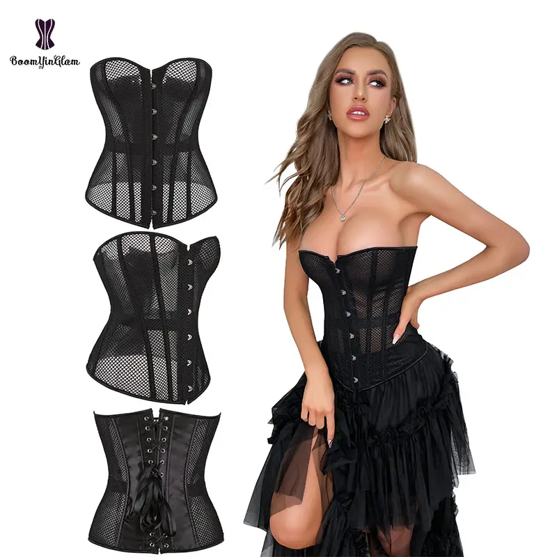 Black Women's Rope Bandage Transparent Lingerie Bustier Mesh Satin Patchwork Hourglass Corset Top With T String