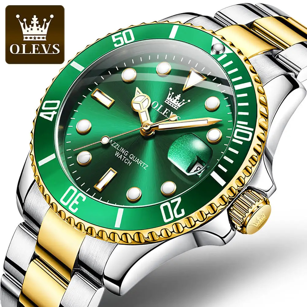 OLEVS 5885 relojes de hombres reloj movimiento de agua verde fantasma hombre de acero impermeable de moda de negocios fecha semana reloj de pulsera para hombres