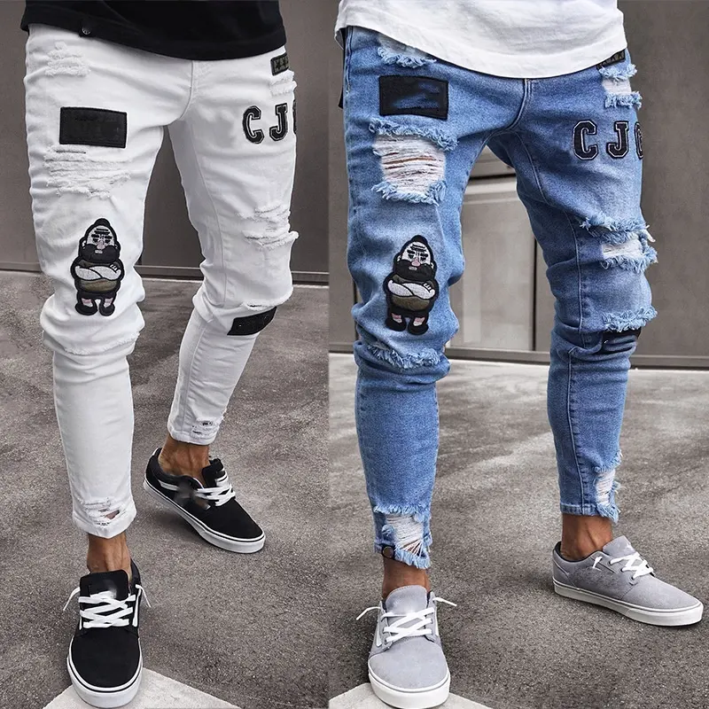 Neuer italienischer Stil Herren beschädigt zerstört Aufnäher Hosen Kunst Flecken Skinny Biker weiß Jeans Slim Hosen Herren Denim Jeans