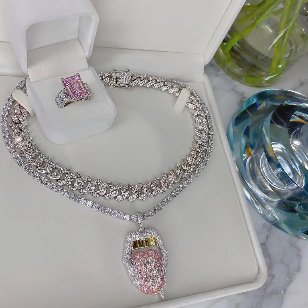 Micro pavimenta 5A cubic zirconia cz ghiacciato fuori bling monili delle donne della ragazza tennis catena dollaro del labbro pendente della collana