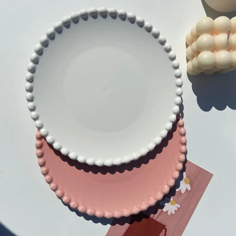 Solhui-platos de porcelana redondos con cuentas, platos para pastel, postre en blanco y rosa, 8 pulgadas