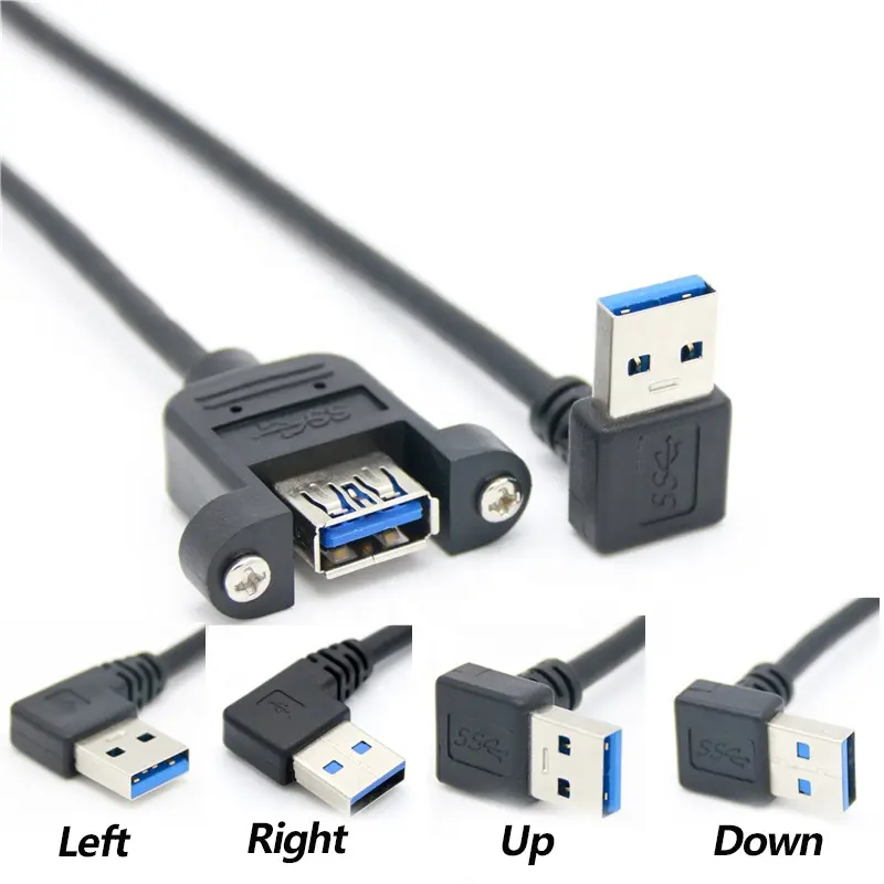 60Cm 90 Graden Rechts Links Up Down Angel Usb 3.0 Een Man Naar Een Vrouwelijke Usb Verlengkabels Met Panel Mount Schroefkabel 0.3M 0.6M