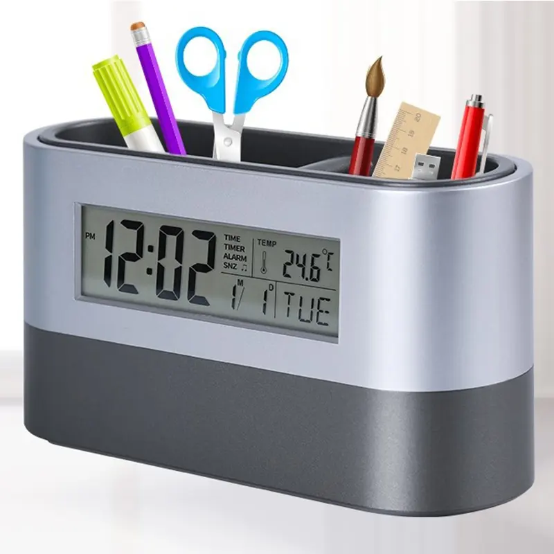 Multifunctional Pen Pencil Holder Timer Alarm Clock Temperature Calendar Digital LED Office Desk Table Clock pen holder