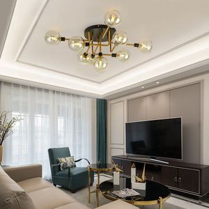 Modern <strong>Design</strong> Amber Color Glass Ball Ceiling Lamp 5 Heads Metal Plate Pendant Light Surface Mounted <strong>LED</strong> Chandelier - Product Image 5