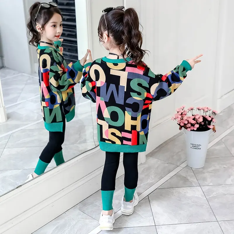 2021 nuovi vestiti per bambini vestito grandi ragazze autunno abbigliamento moda Casual lettera maglione Leggings Set due pezzi tuta per bambini