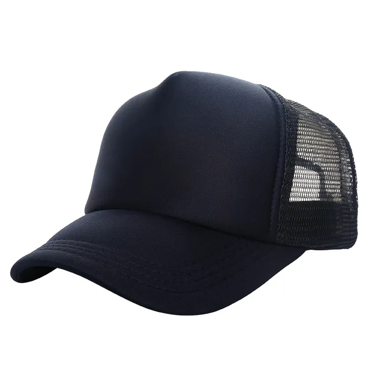 Sublimation promotional cheap 5 panel mesh all black trucker plain hat without logo