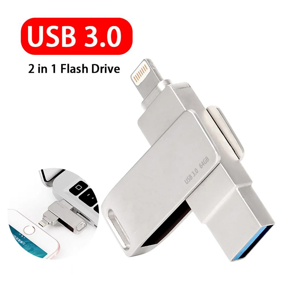 Pen drive usb bastão, pen drive usb para iphone ipad pendrive 3.0 64gb usb 32gb 128gb 2 em 1