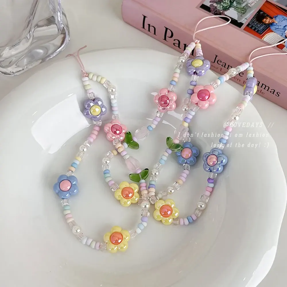 Sweet Lovely Tulip Flower Beaded Mobile Phone Charm Strap Women Fashion Phone Chain Anti Loss Lanyard Jewelry Telephone Pendant