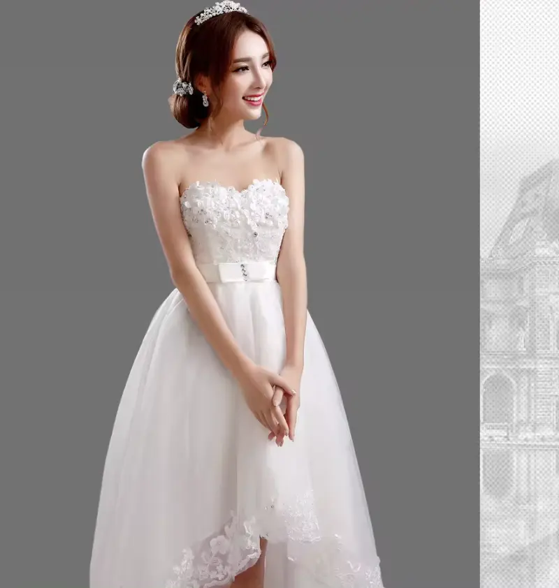 High Quality Cheap Custom Princess Bride Flower Lace Tube Top Long Back Short Front Wedding Dress