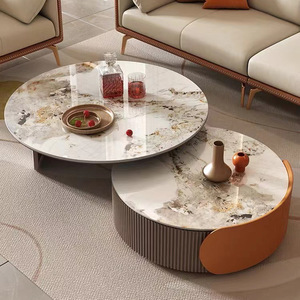 YuanChang, mesa de centro blanca gris, mesa de centro de combinación multifuncional circular de mármol para sala de estar, estilo moderno - Product Image 1