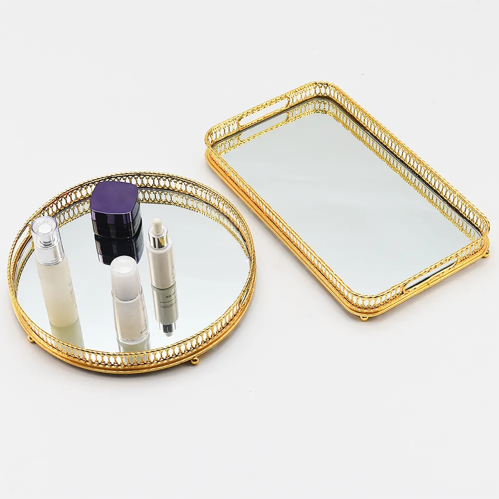 Wholesale wedding center jewelry cosmetic display glass tray mirrored Round rectangle golden luxury glass mirror tray