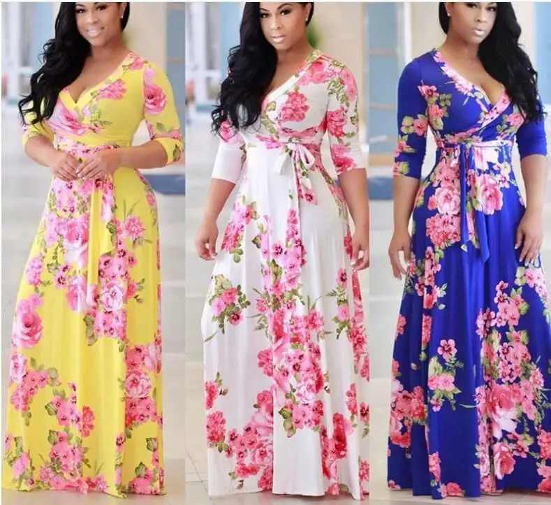 زائد الحجم ملابس النساء الأزهار طباعة كم طويل ماكسي الأفريقي سبليت اللباس للمرأة 5XL
