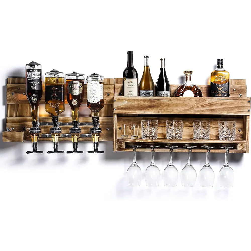 Estante para vino de madera montado en la pared con botella, soporte para copas, estante de almacenamiento para exhibición de vino con dispensador de licor de 4 botellas