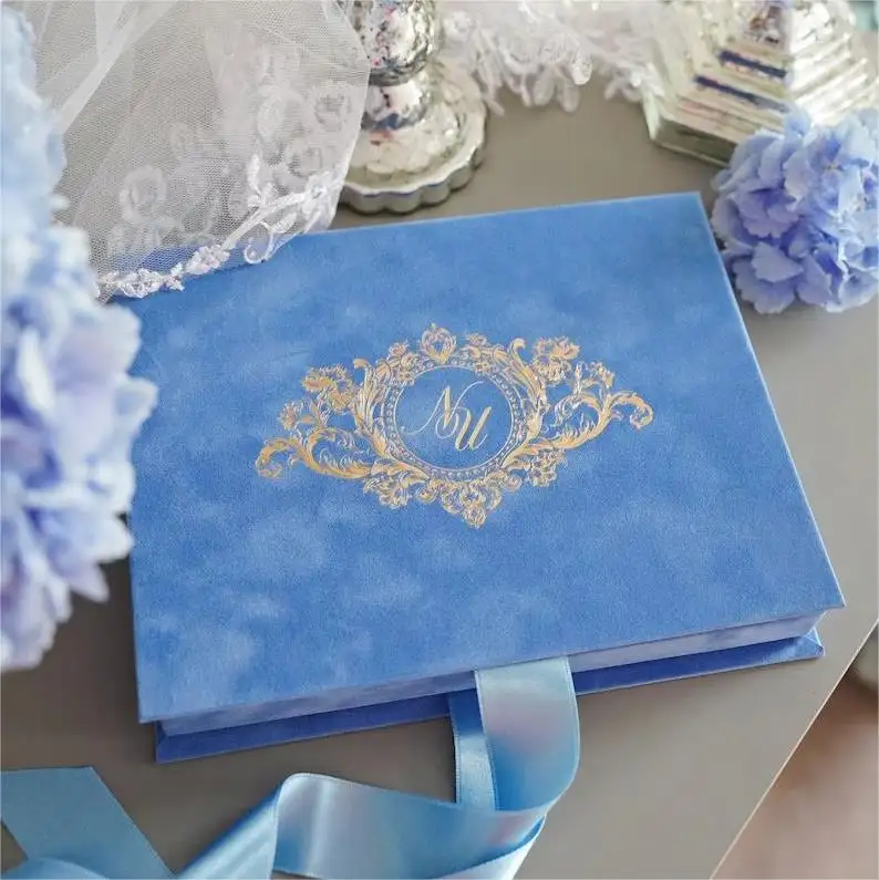 Caja de terciopelo azul de hortensia creativa, tarjeta de invitación de boda con caja de acrílico personalizada para invitaciones de boda