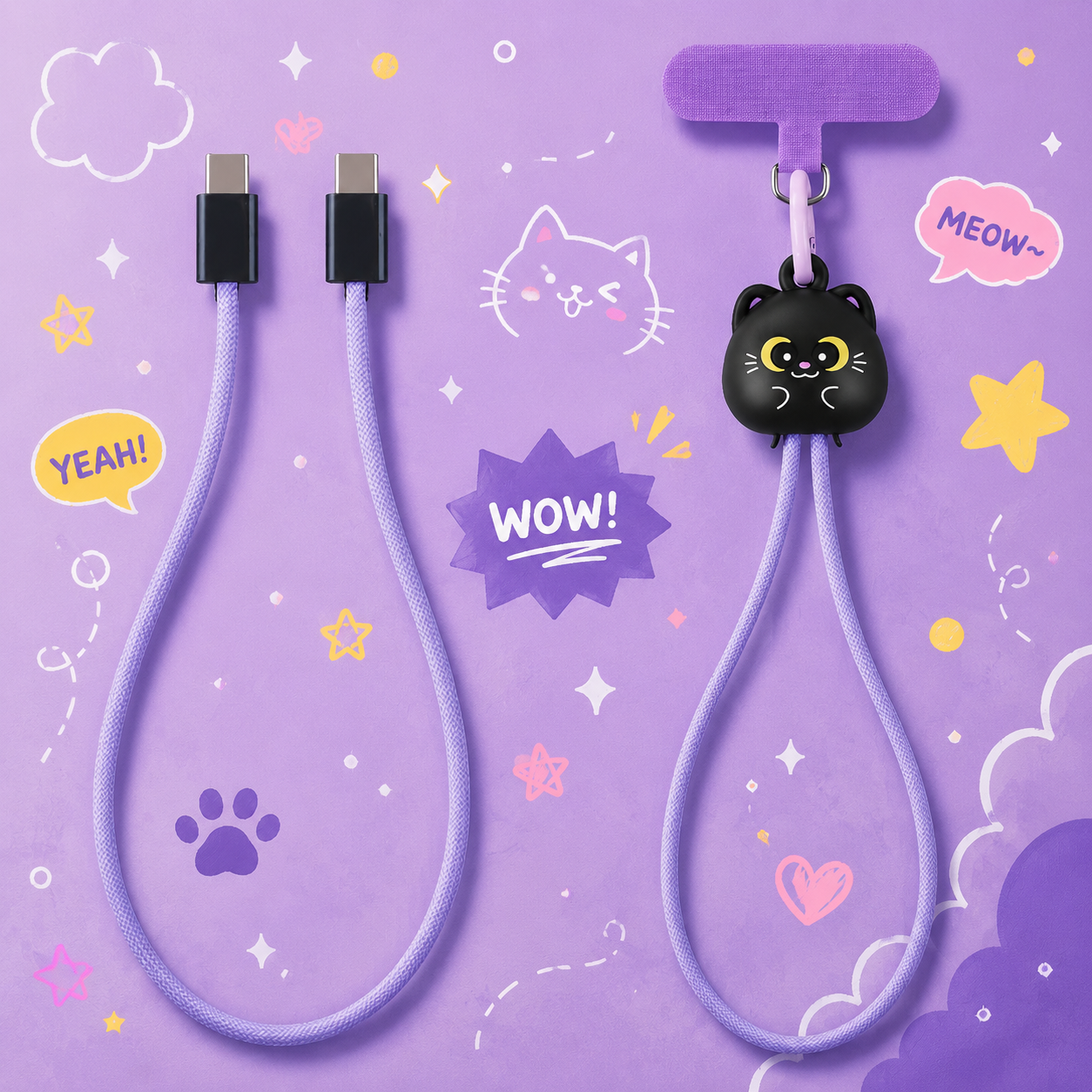 Black Cat Wrist Strap Lanyard 60W Fast Charging Cable