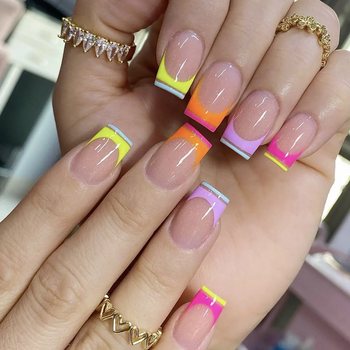 INS French Style Nail Art Rainbow Color Square False Nails 24Pcs Different Sizes Multicolor Short Press On Nails For Women Girls