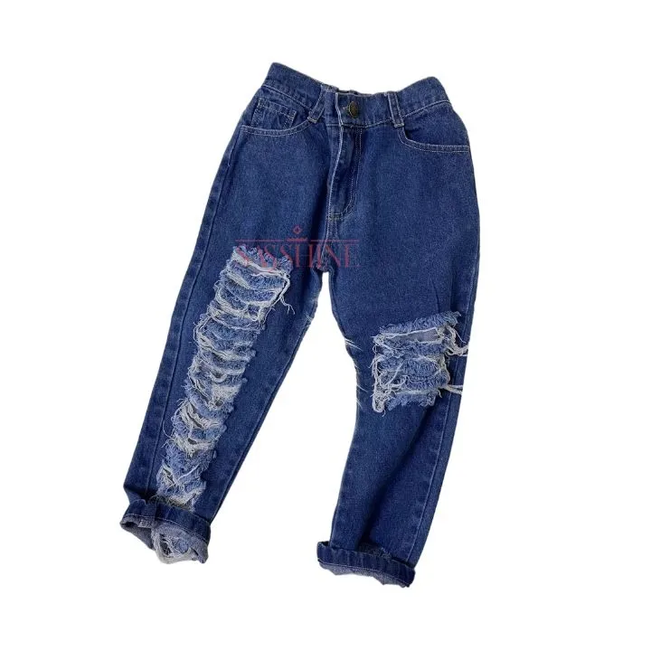 Celana Denim Anak Laki-laki Perempuan, Jeans Botton Elastis Atasan Robek untuk Anak-anak