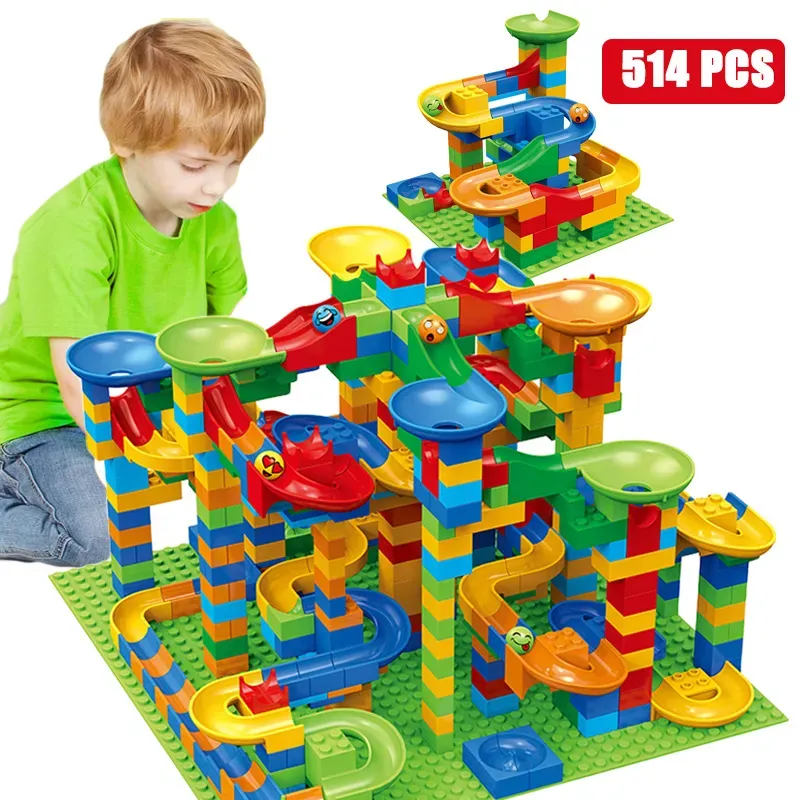 514pcs Tamanho pequeno Bloco Mármore Race Run Bloco Variedade Slide Track Building Blocks Funil Slide Diy Conjuntos Tijolos Brinquedos para crianças