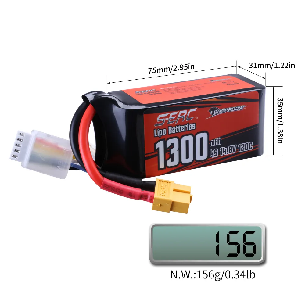 SUNPADOW 4S Lipo Batterie 14.8V 1300mAh 120C XT60 Plug pour RC FPV Quadcopter Avion Hélicoptère Avion Racing Modèle 2 Packs