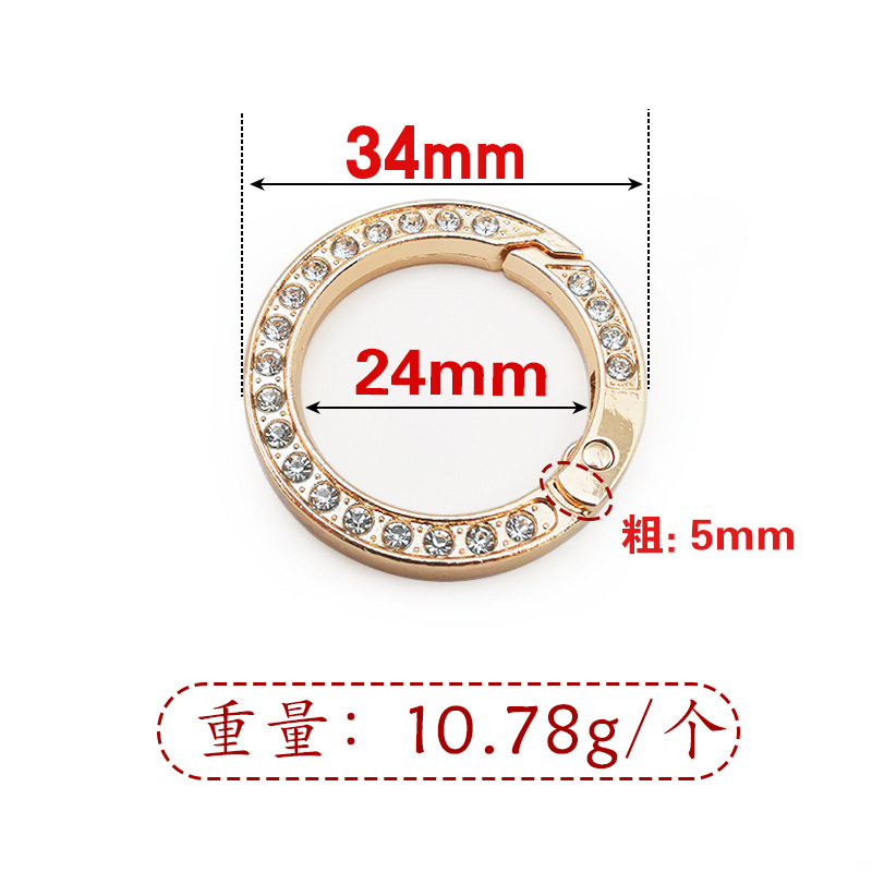 Fermoir à ressort rond incrusté de diamants doré 5x24x34mm