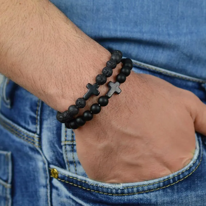 Mozo — Bracelet en perles de pierre de lave naturelle, bijou pour hommes, croix, minimaliste, à la mode, vente en gros