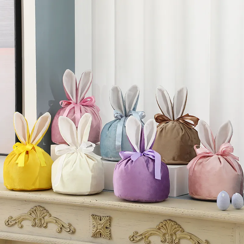 Wholesale Festival Decoration Drawstring Bag Egg Hunt Bags Velvet Easter Bunny Bag