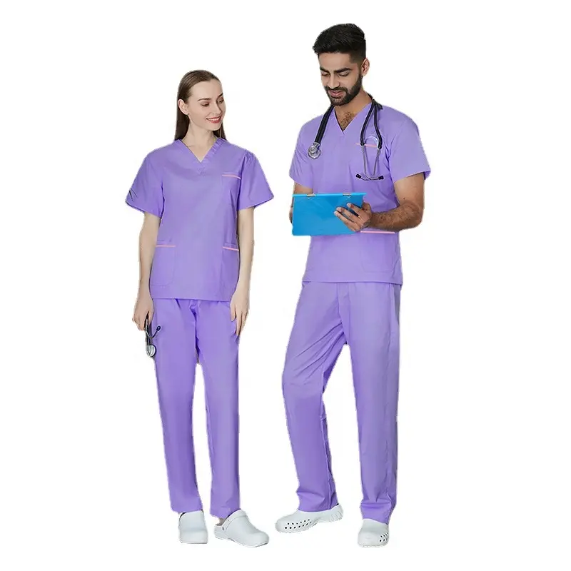 新着ユニセックススクラブユニフォームVネックショートシャツと医師用ロングパンツ