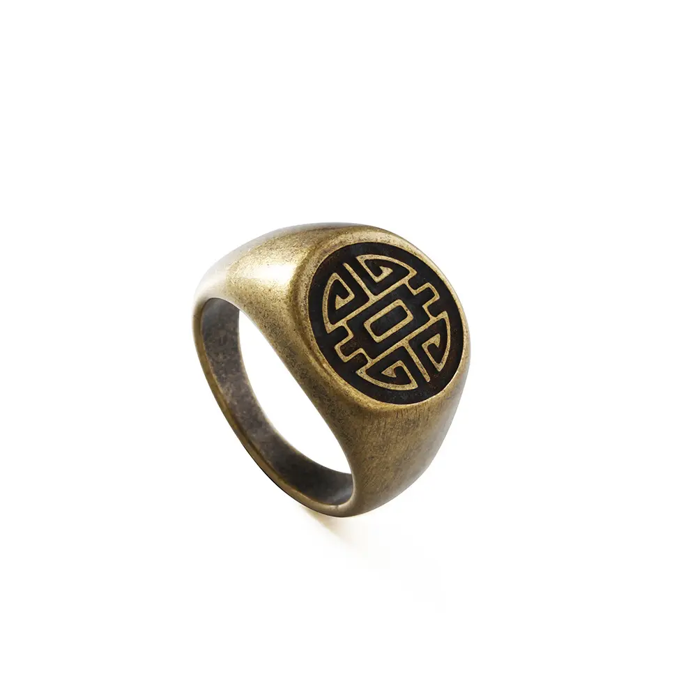 Fu yu shou xi anel de texto cai, anel de estilo chinês retrô, masculino e feminino, anel de aço de titânio