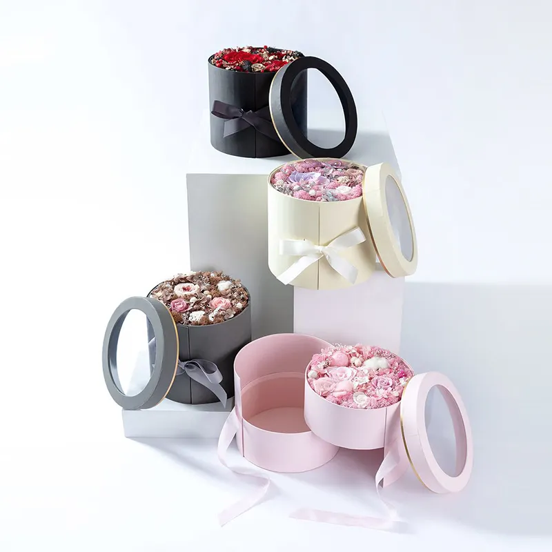 Boîte cylindrique à fleurs avec couvercle en PVC transparent personnalisé, boîte en carton avec deux couches, 1 pièce