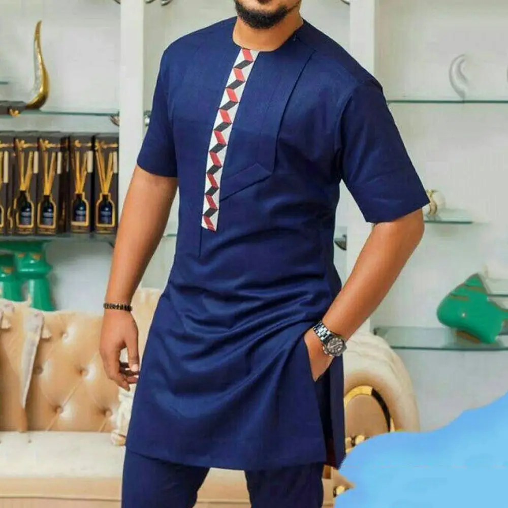 Vêtements africains pour hommes 2023 Mode masculine Dashiki bleu long col carré manches courtes chemise et tailleur-pantalon 2 pièces