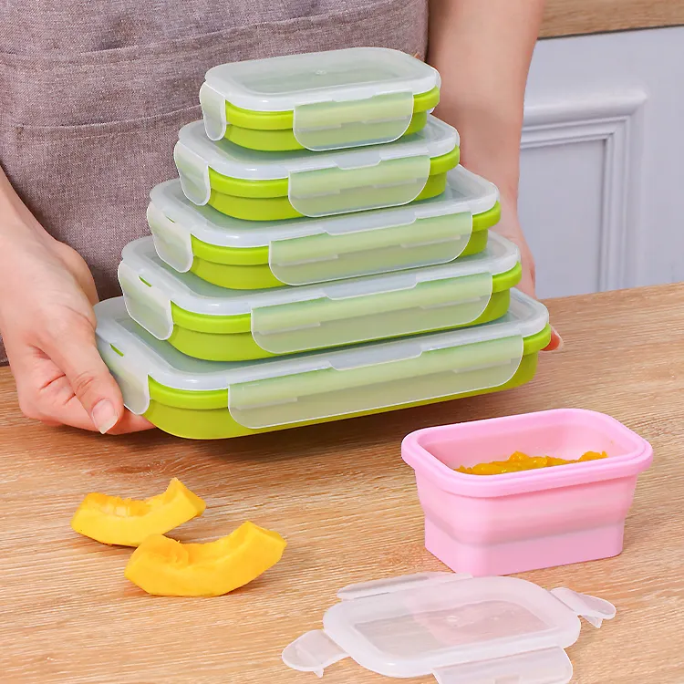 Offre Spéciale 5 pièces pliable micro-ondes conteneurs de stockage des aliments ensemble sans BPA portable silicone pliable bento boîtes à lunch pour les enfants