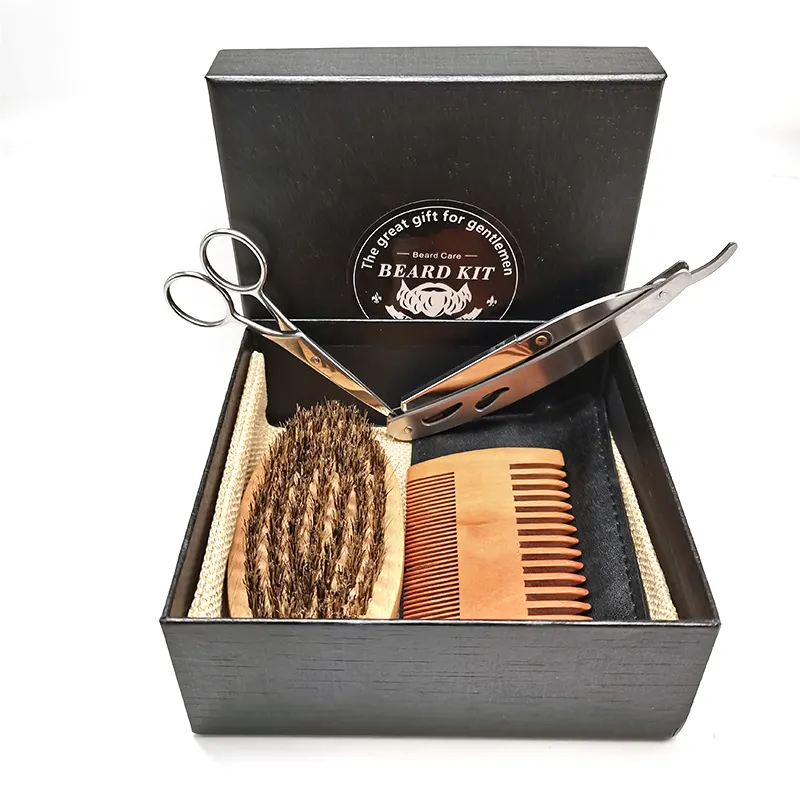 Luxe Scheren Kit Bag Mannen Gift Set Hout Baard Kam Private Label Houten Varkenshaar Scheren Baard Borstel