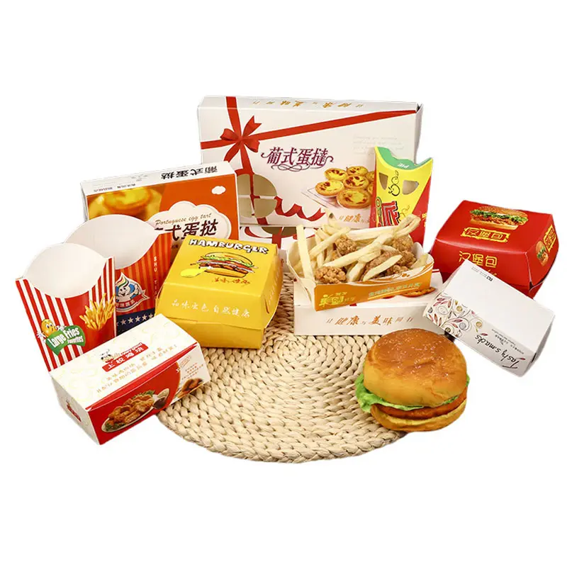 Caja personalizada de fábrica, embalaje de comida para hamburguesas, pollo, pizza, patatas fritas, precio bajo, venta al por mayor