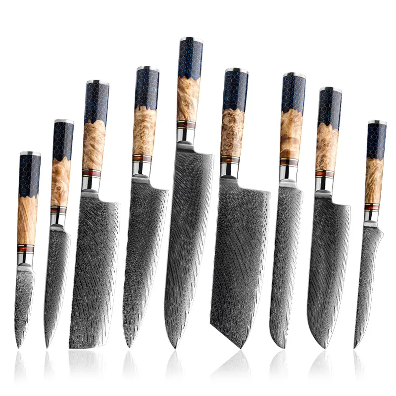 9 Pcs Chef Knife Set AUS 10 Damascus Steel Kitchen Knife Set With Resin Honeycomb handle