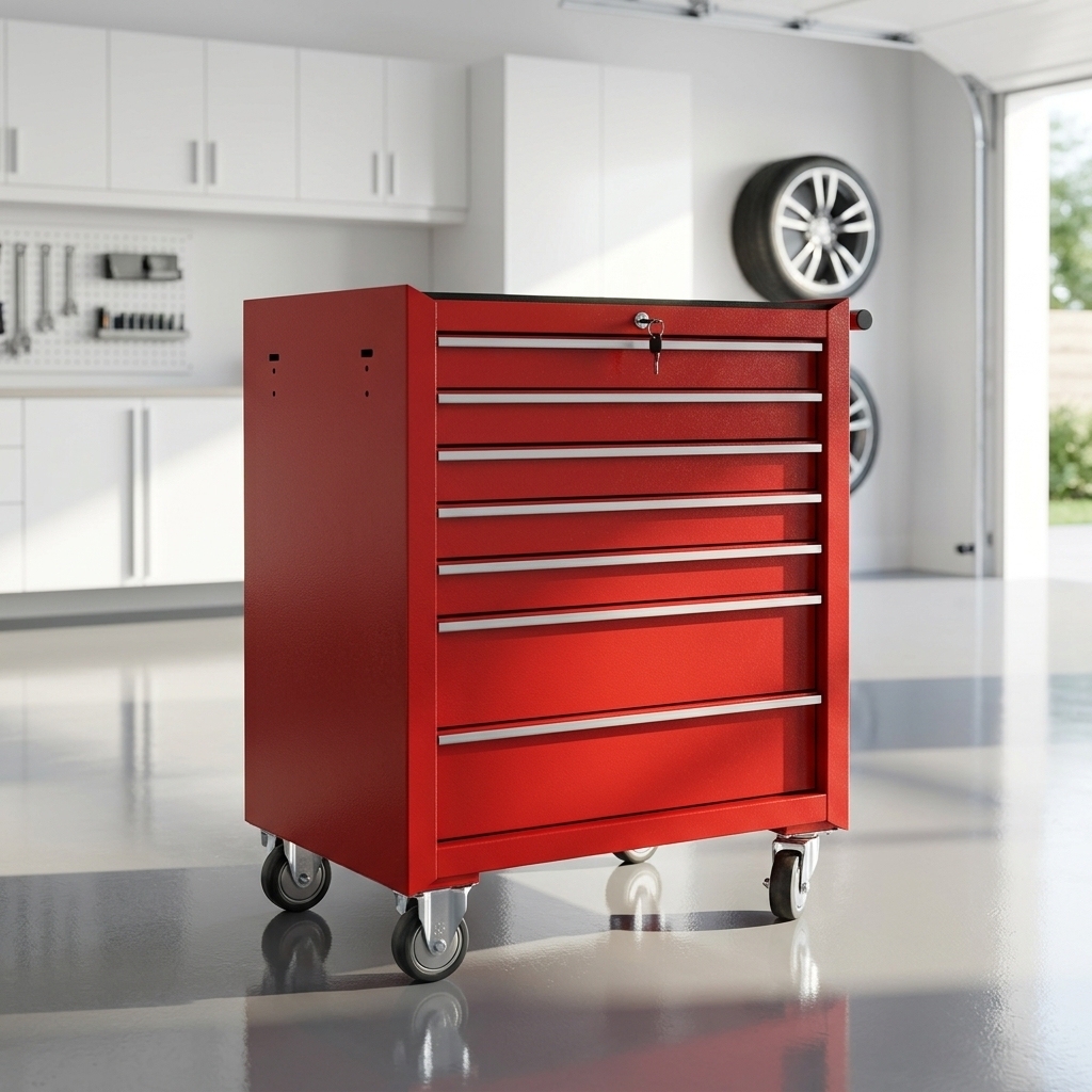Armoire à outils roulante à 7 tiroirs, coffre à outils en métal rouge