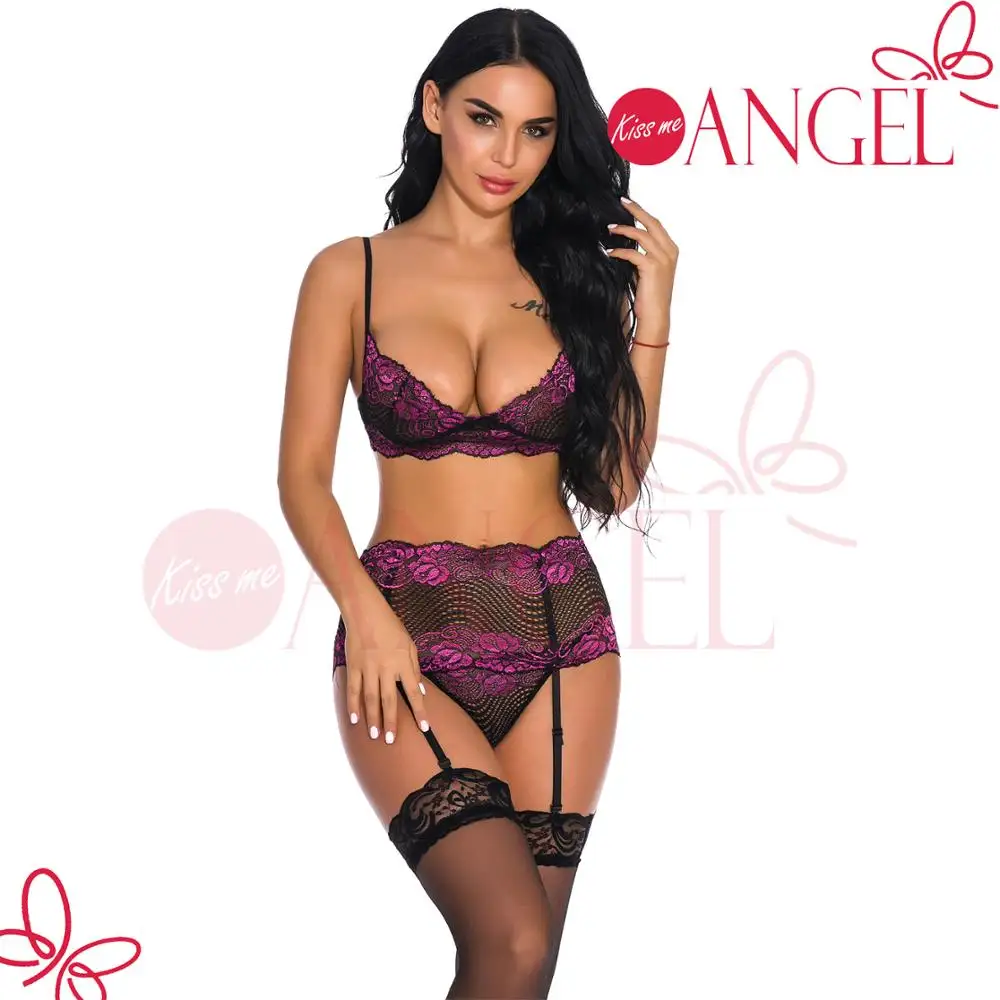 Ensemble sexy en dentelle érotique avec col en V, culotte et soutien-gorge transparents