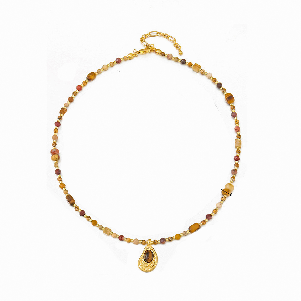 Tiger Eye Picture Jasper Water Drop Pendant Necklace