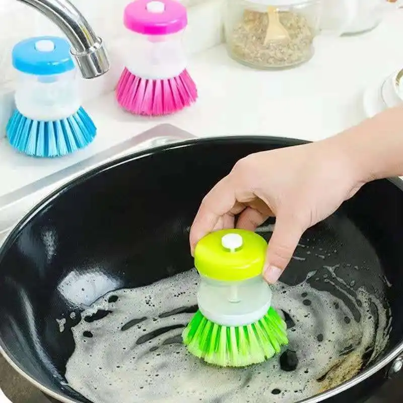 2 In 1 Handle Cleaning Brush Removable Sponge Dispenser Wash Pot Brush With Soap Dispensers Kitchen Hacks Household Item