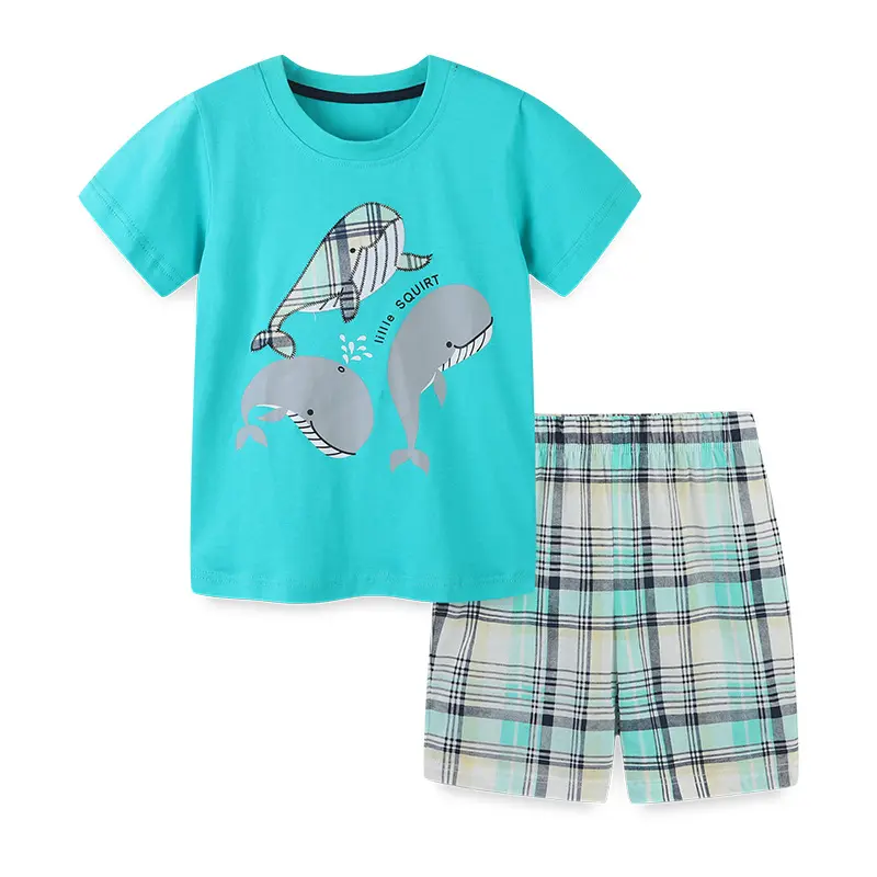 All'ingrosso estate Cartoon Whale Nattier Blue Plaid pants Boutique Toddler Kids Short Set abbigliamento per ragazzi Set Outfit