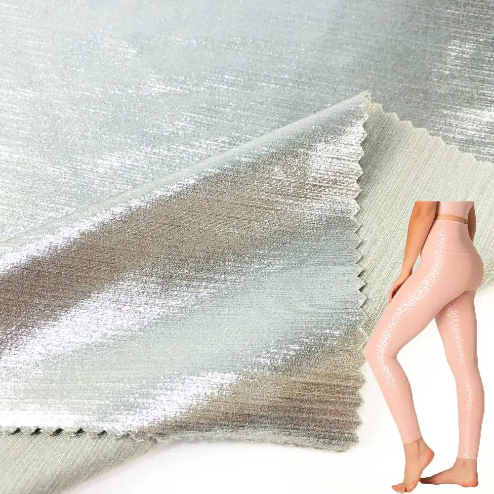 Sliver foil tecido alta elástica superfino macio urdidura malha brilhante poliéster spandex tecido para sportswear