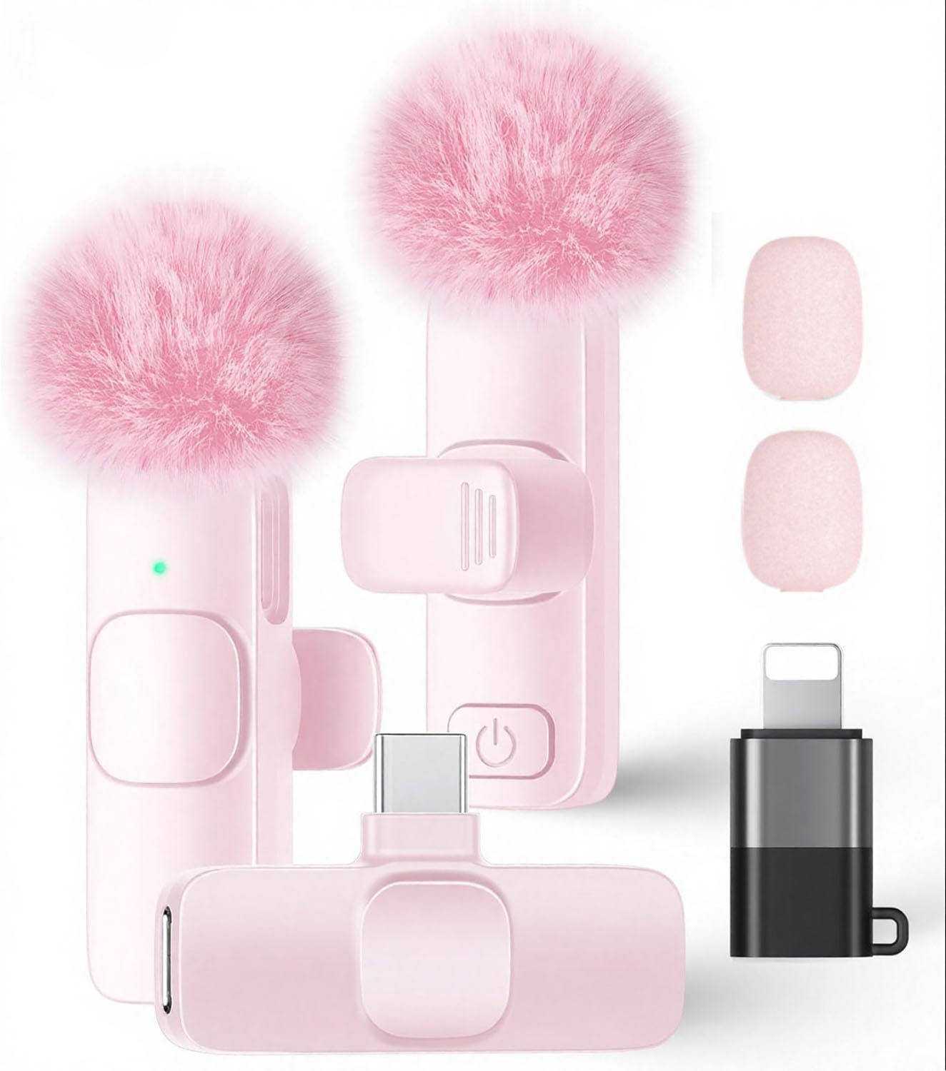 Double micro rose - Interface Type-C + Adaptateur Apple + 2 boules de poils roses