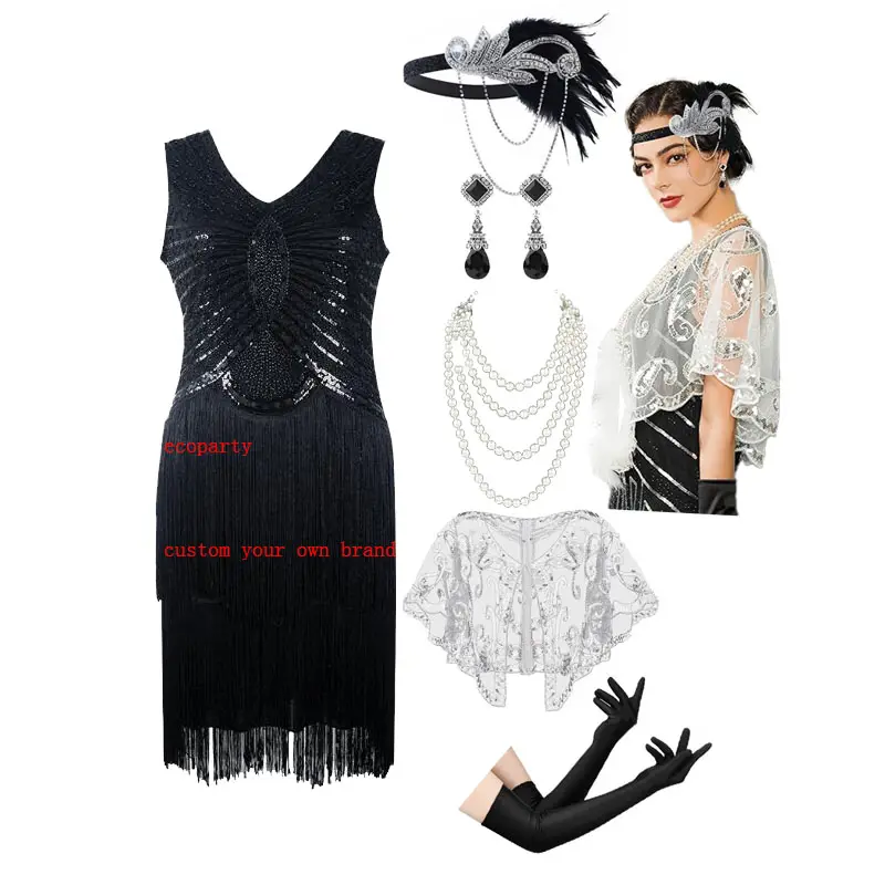 Ecoparty gaun Flapper wanita, pakaian Retro 20s 1920s gaya Flapper bando The Great Gatsby gaun malam payet rumbai