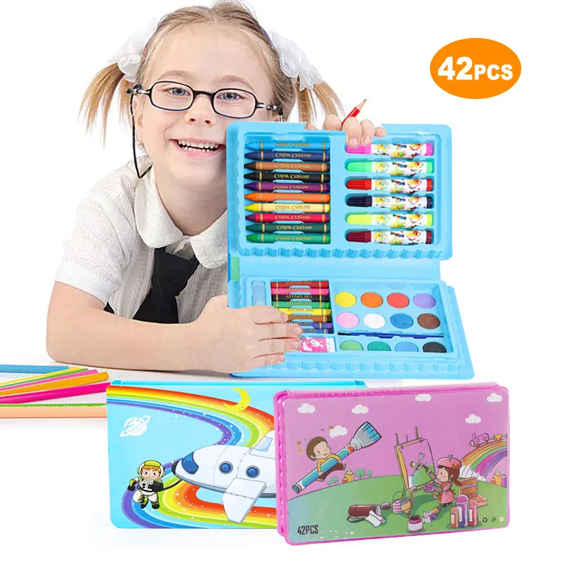 Wholesale Customization Portable 42 Pcs Children's Painting Color Set Art Watercolored Pens Colored Pencil Watercolor Art Box