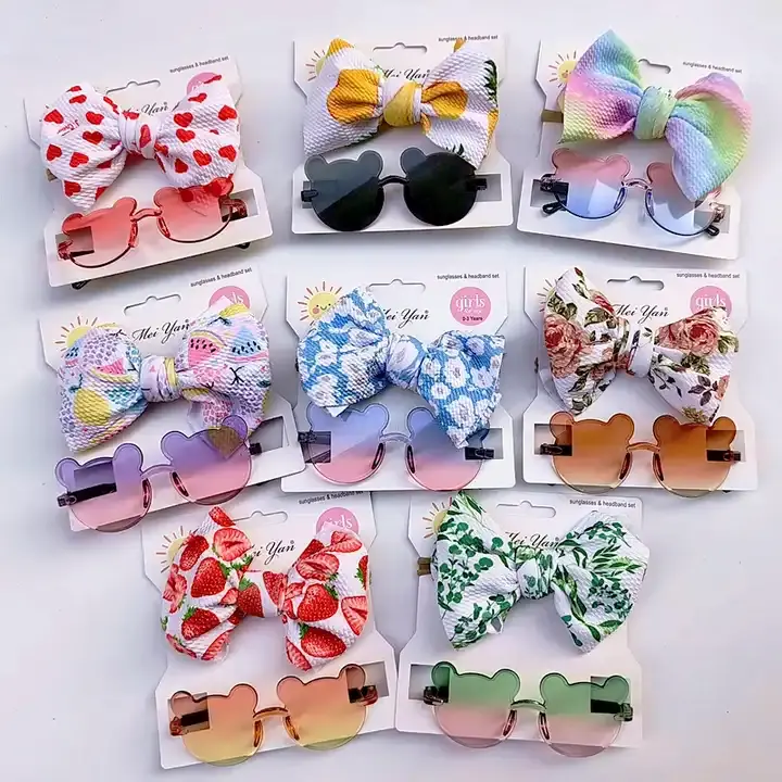 IFOND lindo dibujos animados flor gafas de sol 2 unids/set niños regalo bebé niñas gafas de sol arco nudo diadema conjunto accesorios para el cabello