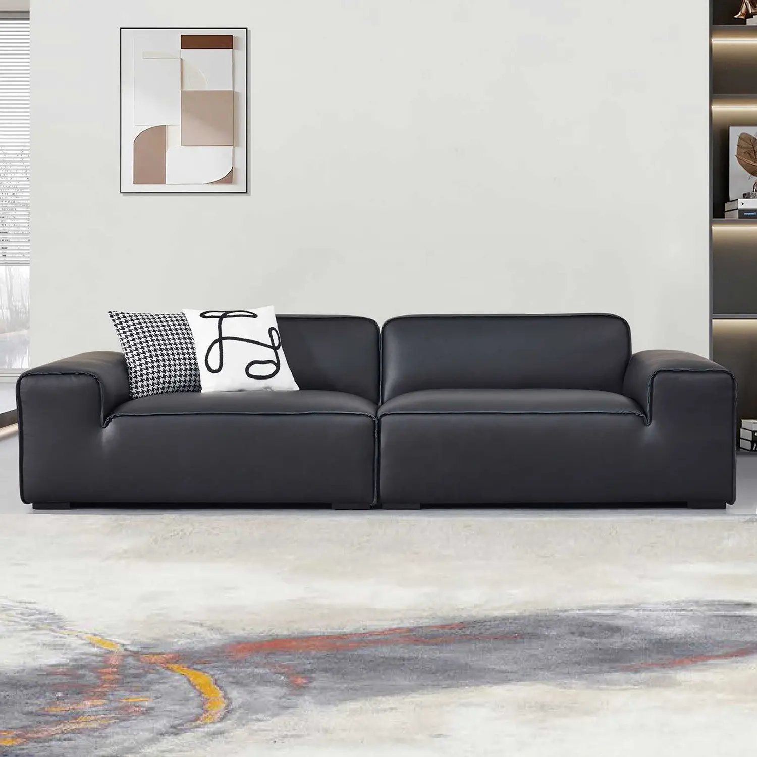 Minimalistisches italienisches Luxus-Großsofa im Moderne schwarz Ledersofa geteilte Couch 3-Sitzer